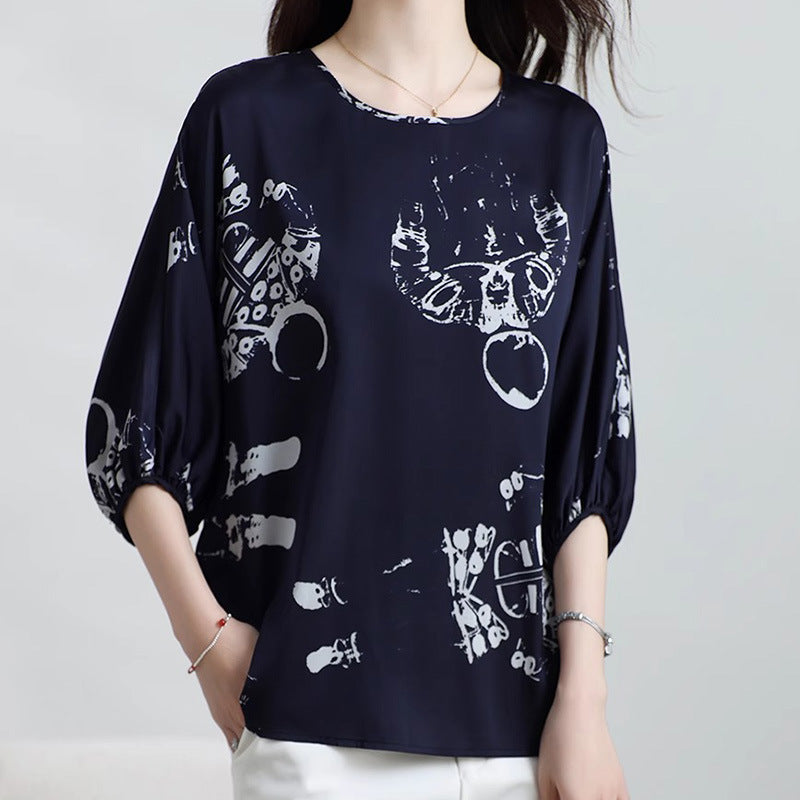2025 High-end silk shirt, mulberry silk shirt, reverse button design sense, medium sleeve crew neck T-shirt, summer top, women's shirt