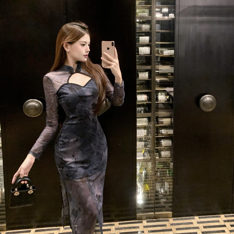 Mesh printing hollow celebrity women's clothing 2025 new classical dance clothes retro sexy split-ended improved cheongsam skirt