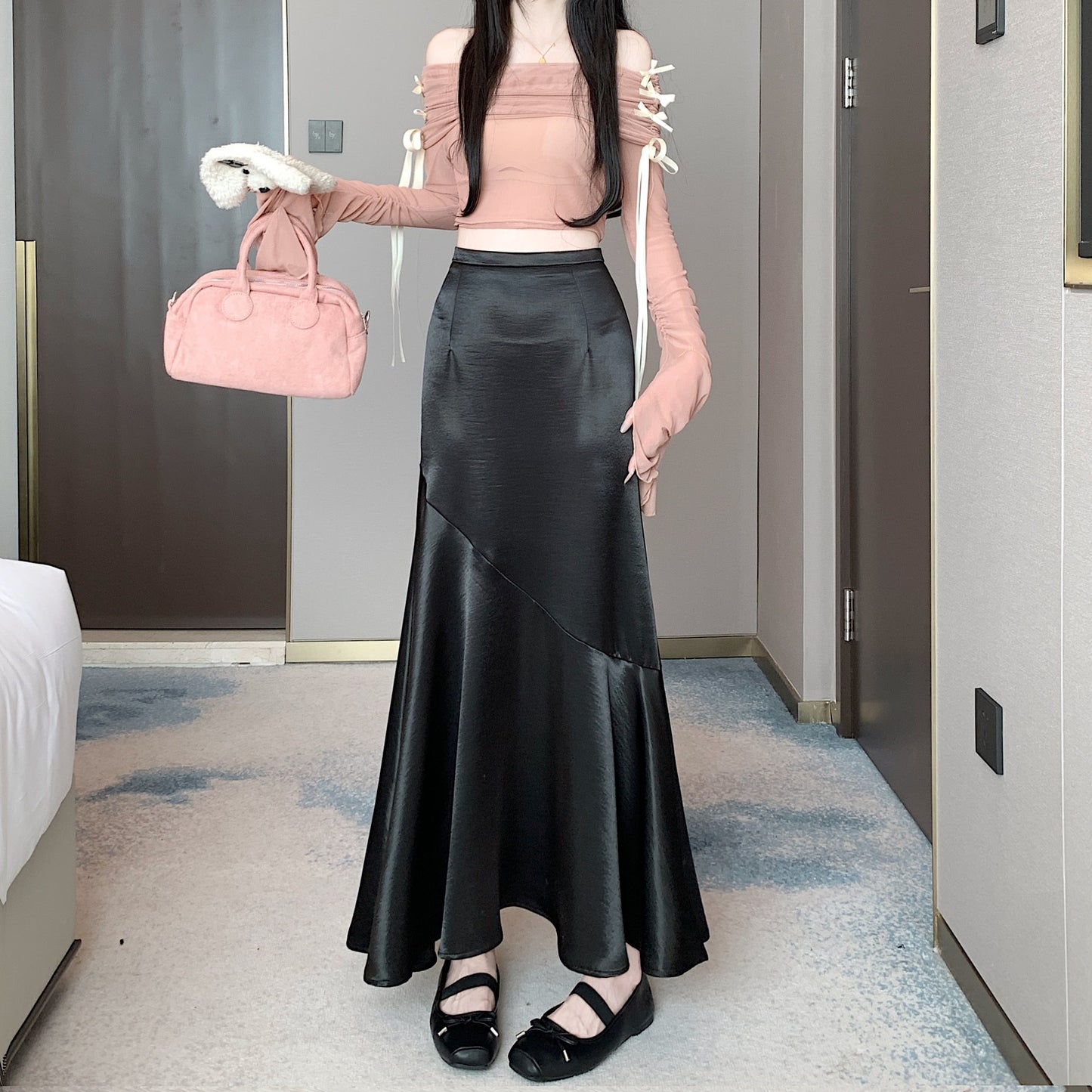 Satin skirt large size fat MM2025 spring and summer new fashion splicing fishtail skirt high waist long skirt Popular trade