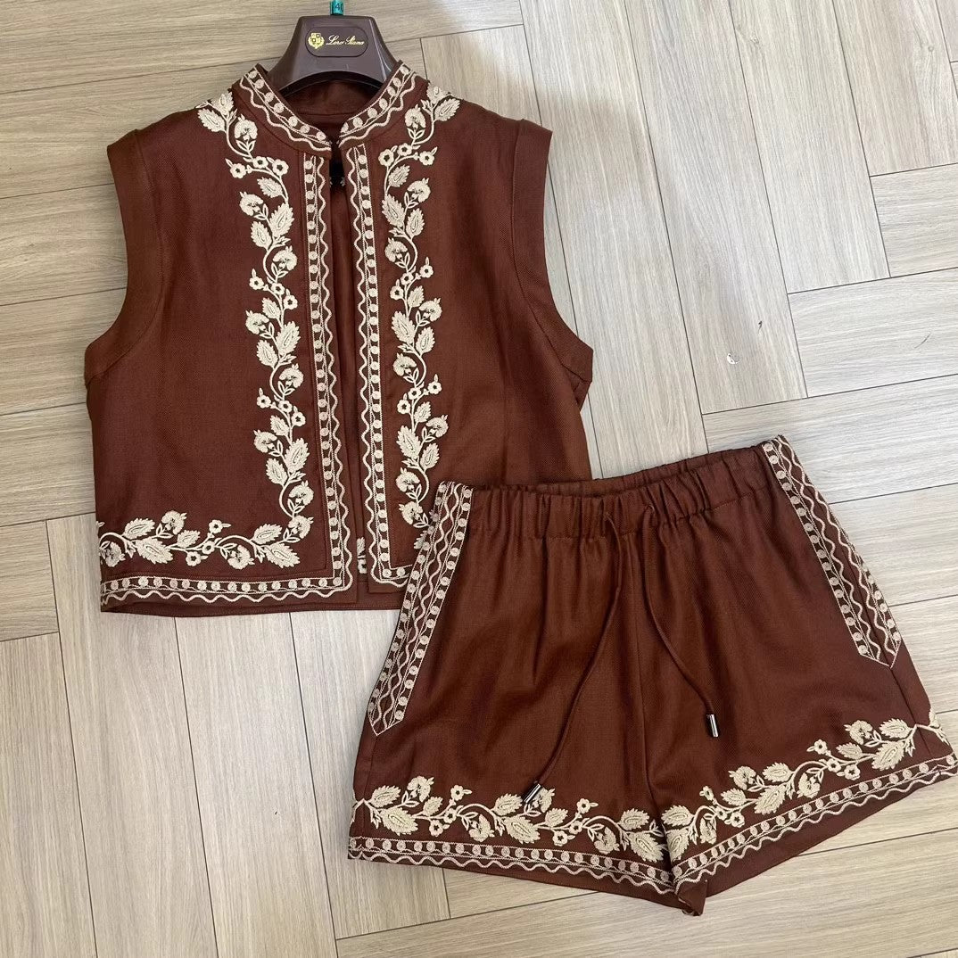 2025 popular summer new exquisite embroidered imitation linen vest elastic waist shorts set summer breath versatile casual