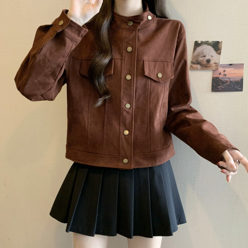 Large size 2025 spring clothing new Korean version design sense deerskin velvet loose and thin short long-sleeved jacket jacket women