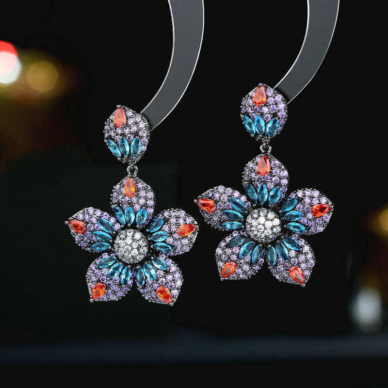 2025 S925 silver needle colored zircon heavy industry exaggerated earrings elegant temperament wedding banquet dress with flower earrings
