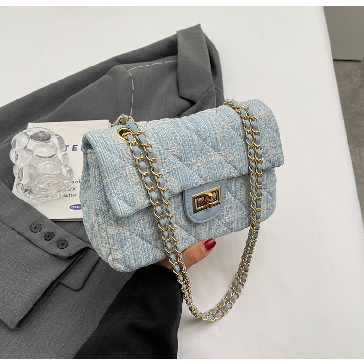BENPAOLV 2025 fashion classic embroidery thread rhombus denim bag new simple Popular style chain single shoulder oblique span bag