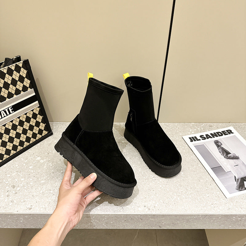 2025 popular new platform leather snow boots women's elastic pencil boots winter women's fashion student shoes trendy women