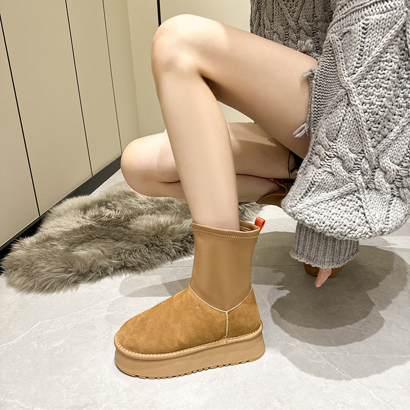2025 popular new platform leather snow boots women's elastic pencil boots winter women's fashion student shoes trendy women