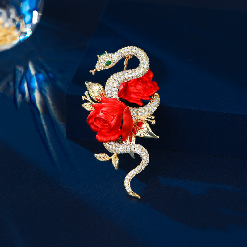 2025 New Guochao Personality Niche Design Sense High-end Luxury Brooch Pin Suit Accessories Rose Snake Brooch
