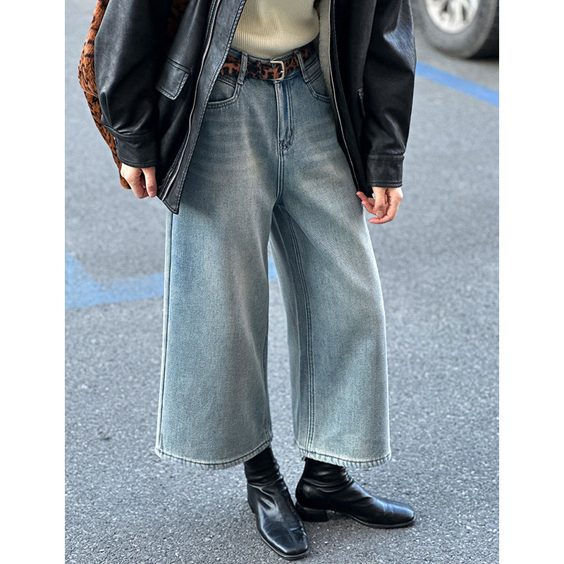 2025 popular autumn and winter new Korean retro high waist and thin loose versatile straight eight-point pants 6377