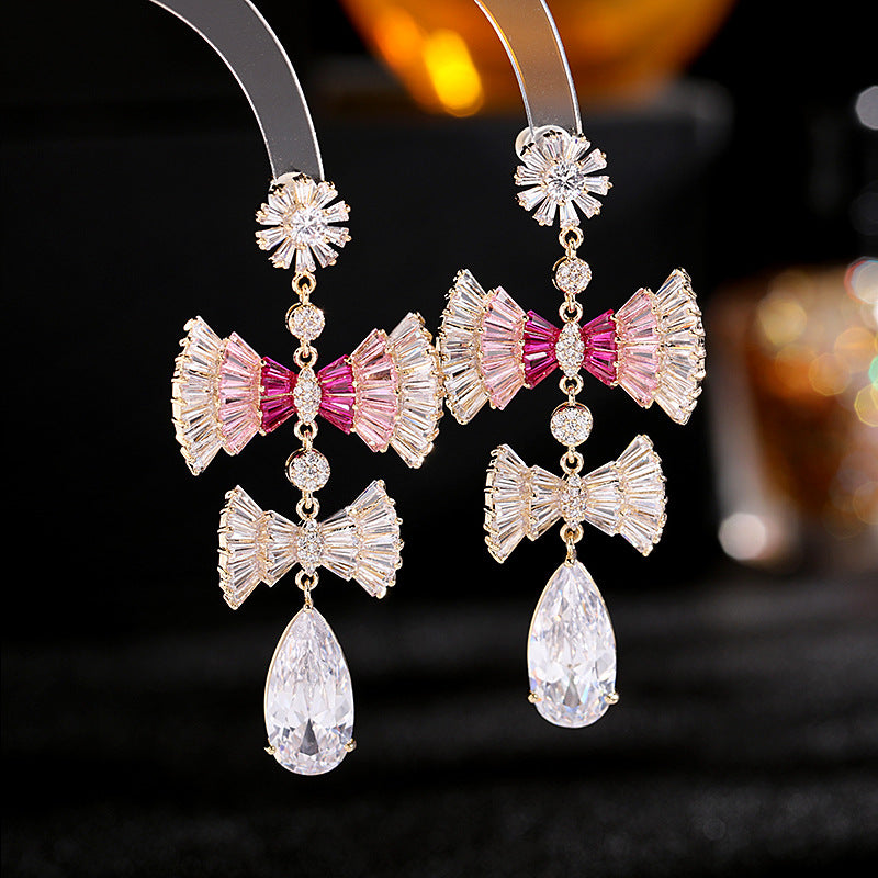 2025 S925 silver needle super flash zircon earrings light luxury exaggerated long high-end earrings bow water drop earrings wholesale