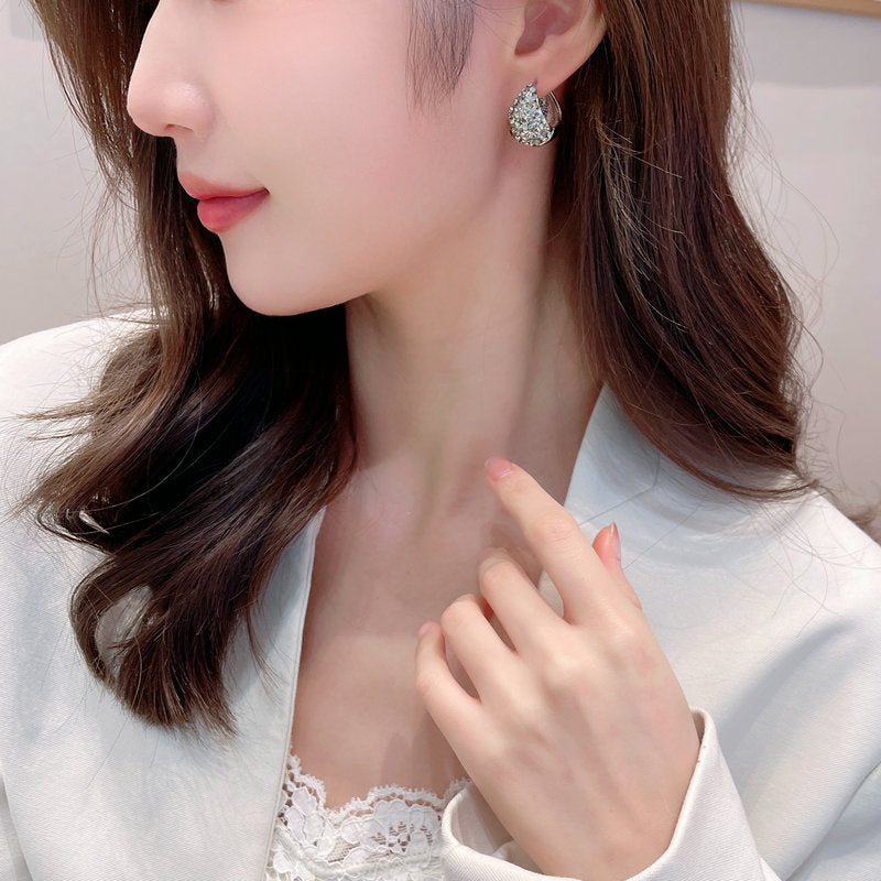 2025 Korean Internet celebrity temperament three-dimensional full diamond inlaid earrings 2023 new trendy niche design feeling water drop shaped ear buckle