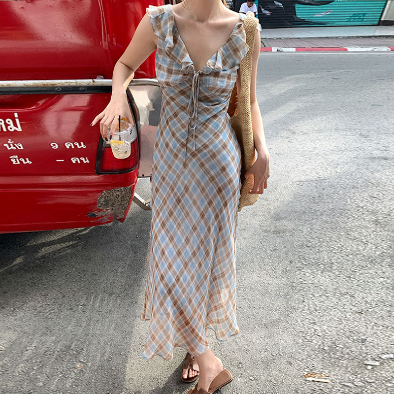 2025 Spring New Temperament Plaid Retro High Waist Dress Skinny Long Dress Women 88199