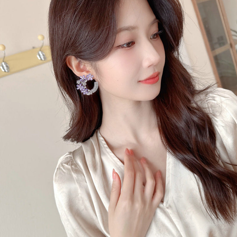 2025 Light luxury high-end zircon flower earrings niche design fresh temperament s925 silver needle elegant flower cluster earrings