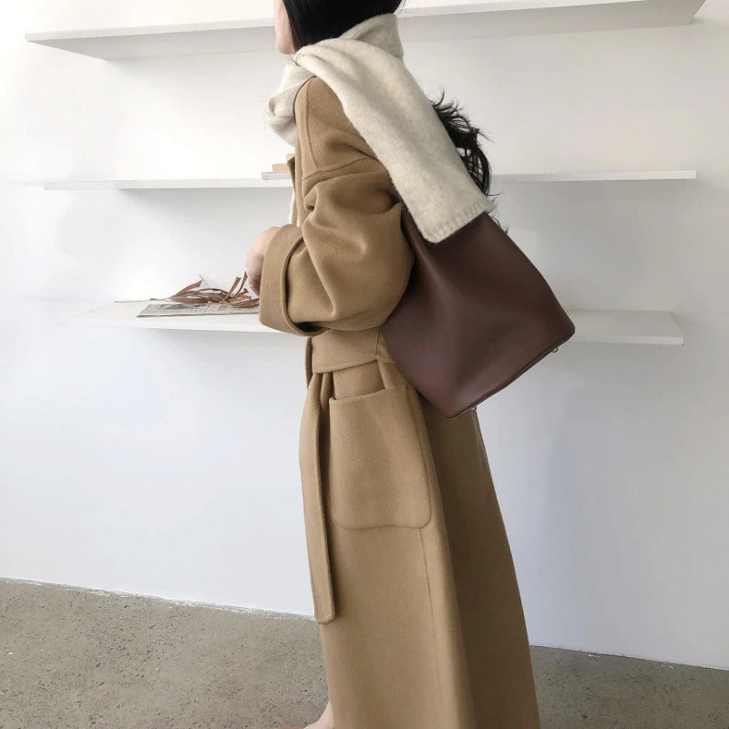Dongdaemun, South Korea 2025 autumn and winter new lace-up cashmere coat women's medium and long loose over-the-knee woolen coat