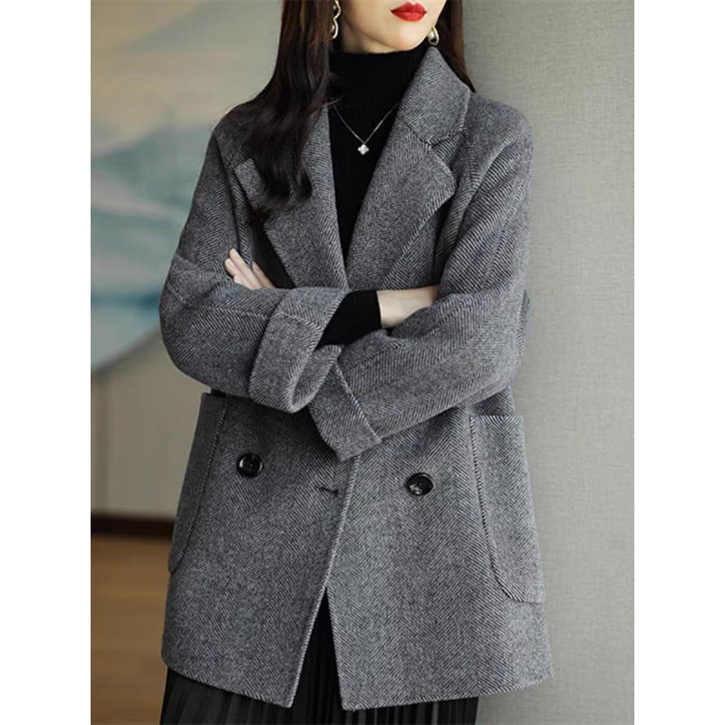 High-end handmade herringbone woolen coat for women 2025 autumn and winter medium-length small wool double-sided woolen coat loose