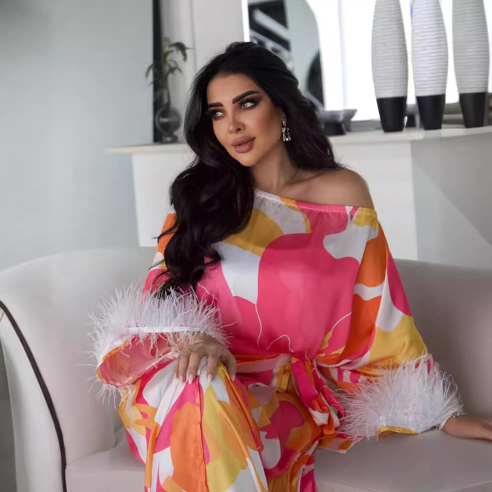 2025 popular spring and summer New Popular trade women's clothing independent station ebay sexy printing feather splicing ball evening dress