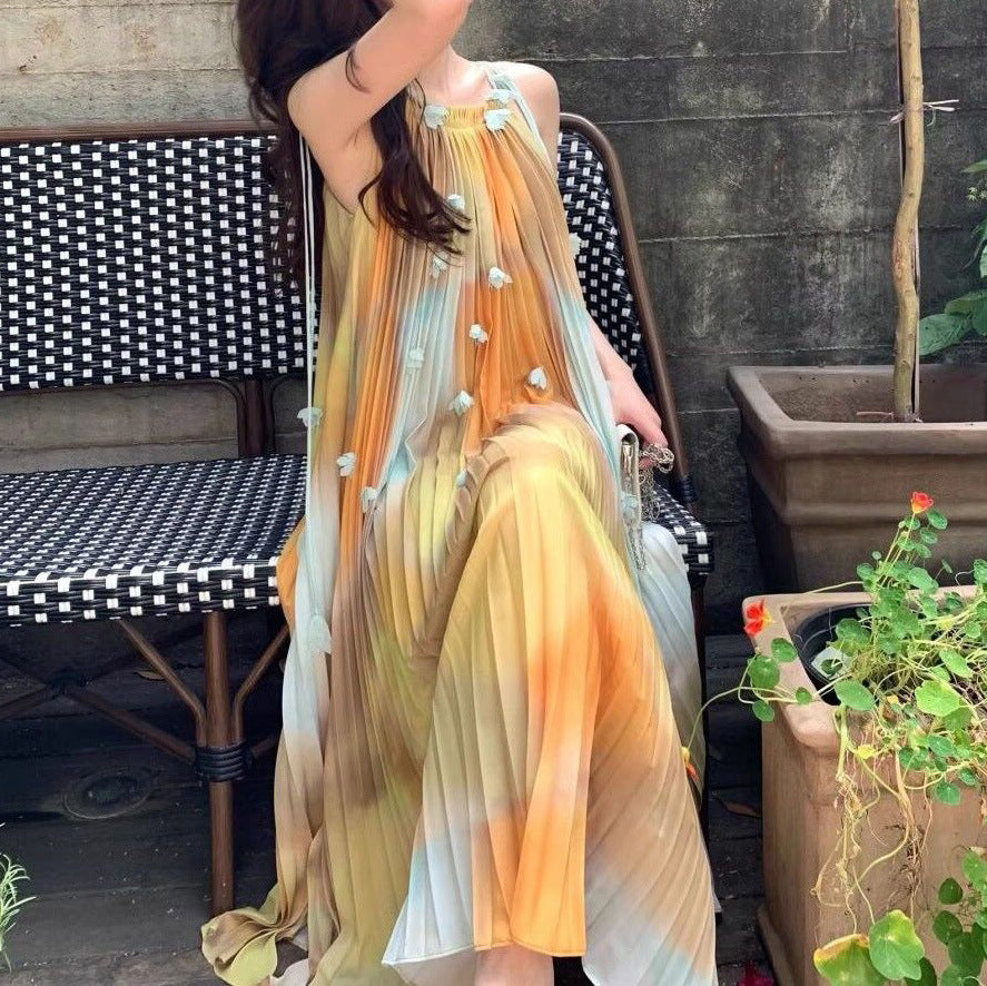 2025 popular summer new smudged sunset mottled suspender skirt women's flower organ pleated temperament lazy dress