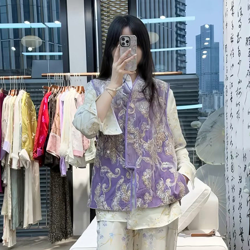 2025 New Chinese style high-end design sense embroidered vest stand-up collar mulberry silk temperament shirt set N1027