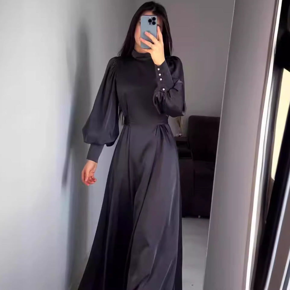 2025 popular autumn and winter new waist solid color long sleeve slim belt retro elegant dress