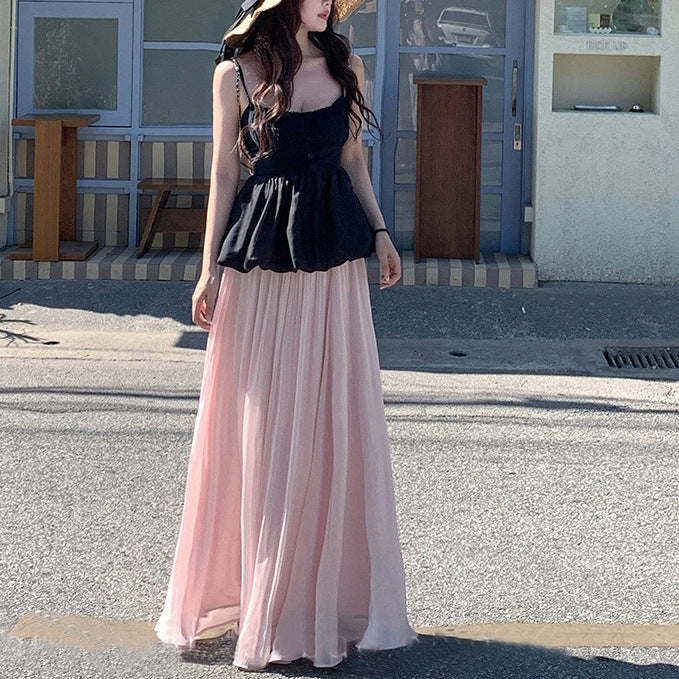 one-word shoulder small vest, bud top, sparkling elastic waist skirt, elegant and drape long skirt 2025
