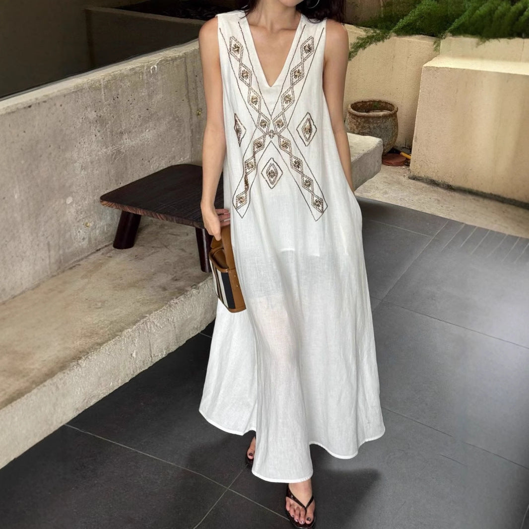 Designer Tencel linen retro national heavy industry special machine bead embroidery dress
