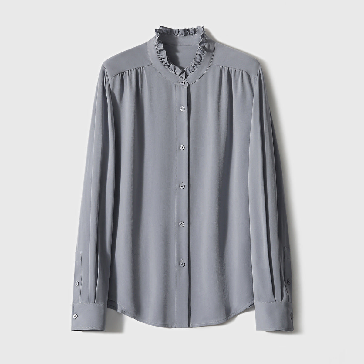 2025 Petal collar silk shirt, high-end mulberry silk spring Hangzhou women's clothing, women's shirt gray-black top