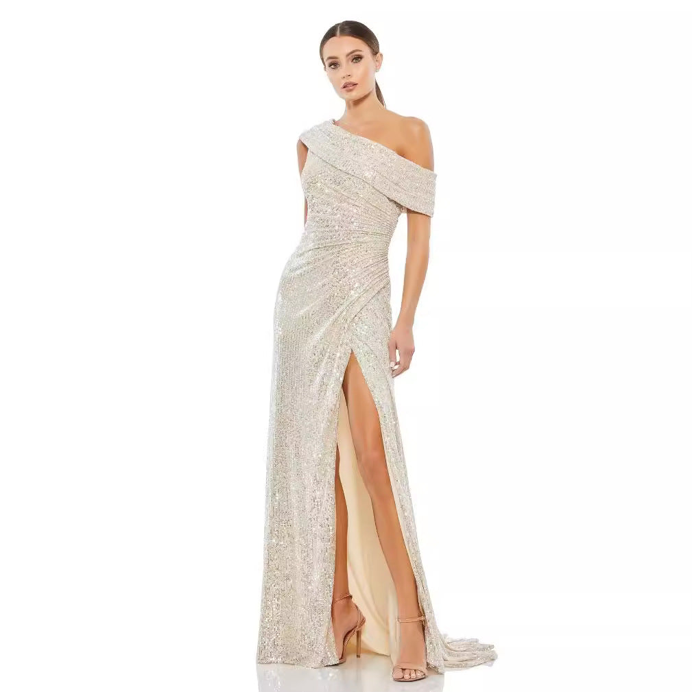 2025 popular hot-selling summer fashion sequins temperament diagonal collar high split celebrity dress dress (4 colors)