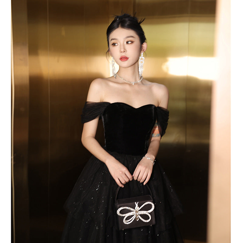 2025 Black evening dress skirt women's high-end one-word shoulder banquet temperament light luxury niche advanced sense host vocal art test