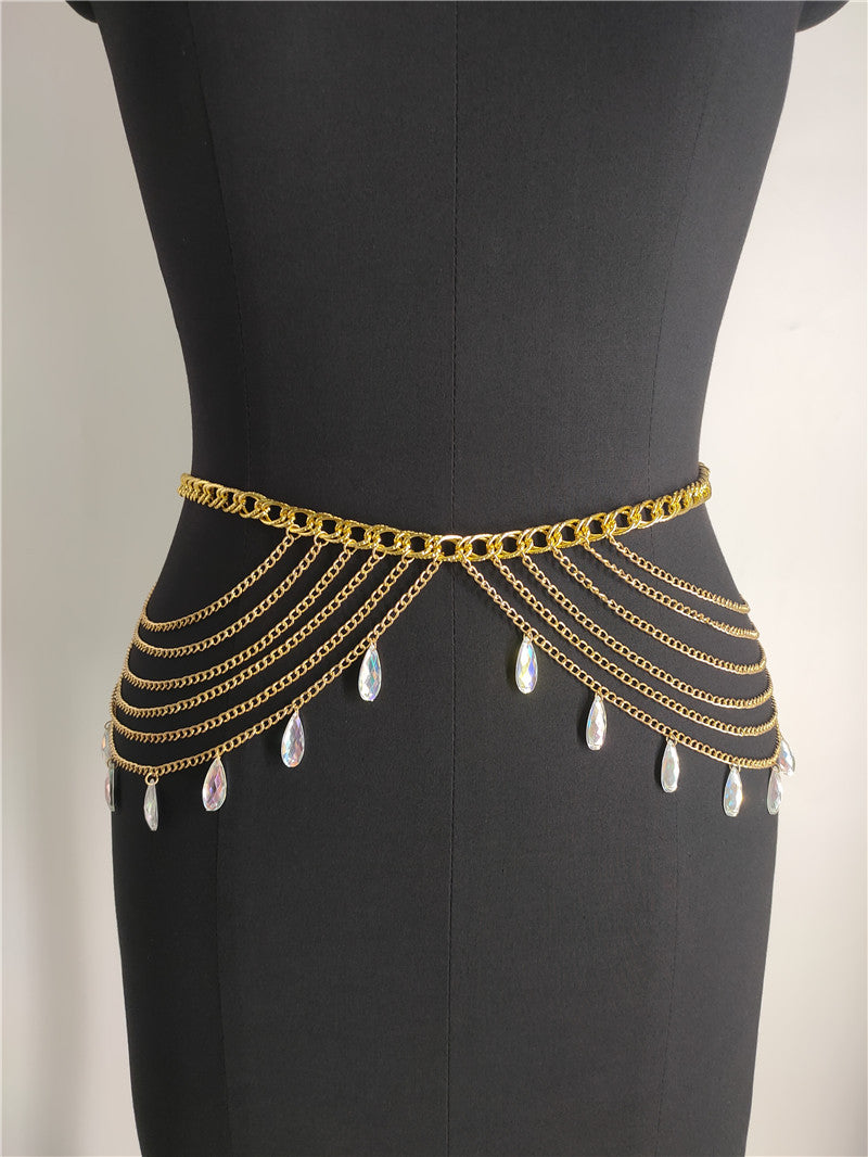 FB1733 2025 Waist chain Popular trade supply fashionable water drop crystal pendant fringed chain waist chain