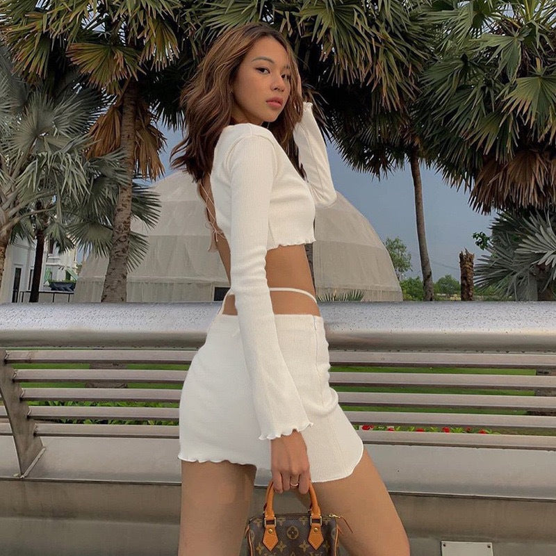 BENPAOLV 2025 spring and summer new New women's clothing long-sleeved cross-strap off-the-button fungus edge T-shirt short skirt set