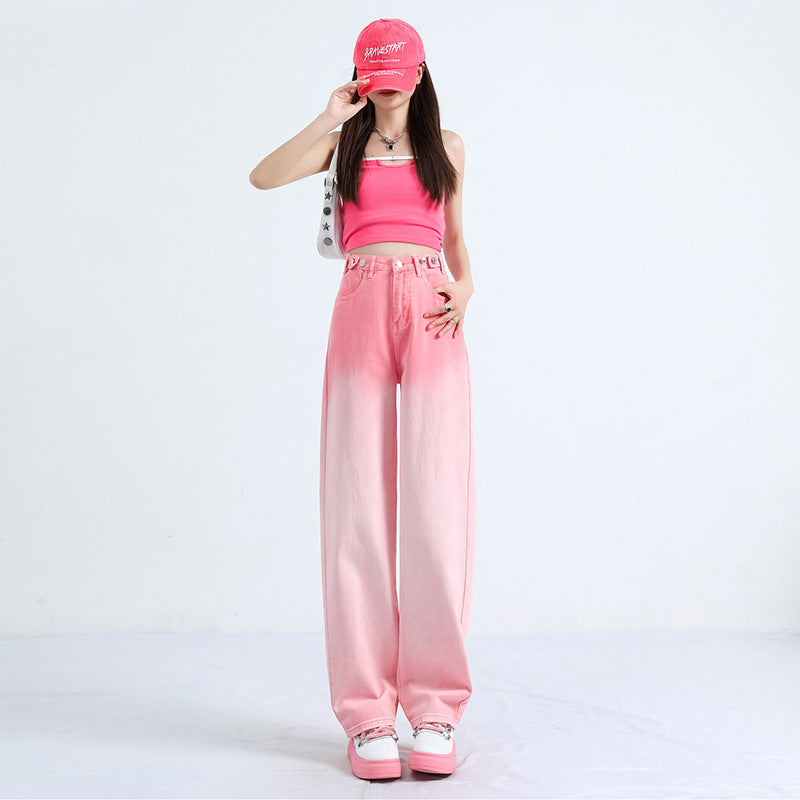 2025 Pink wide-leg jeans women's popular summer new high waist thin narrow version gradual change color straight mopping pants thin