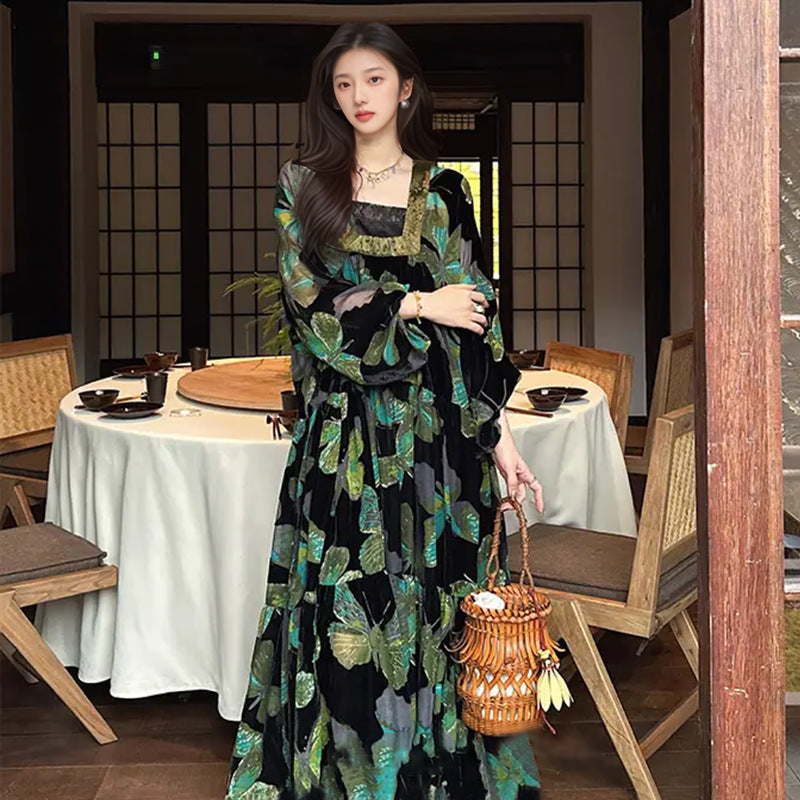National Style New Chinese Fashion Lantern Sleeve Square Neck Long Dress Spring and Summer 2025 New Heavy Industry Burning Dress N3052
