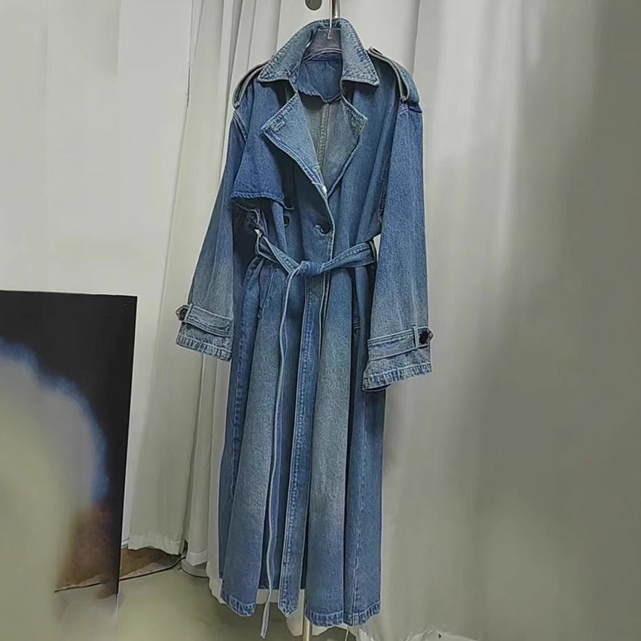 2025 Popularan wash blue denim long trench coat women's autumn temperament advanced sense retro casual double-breasted denim coat