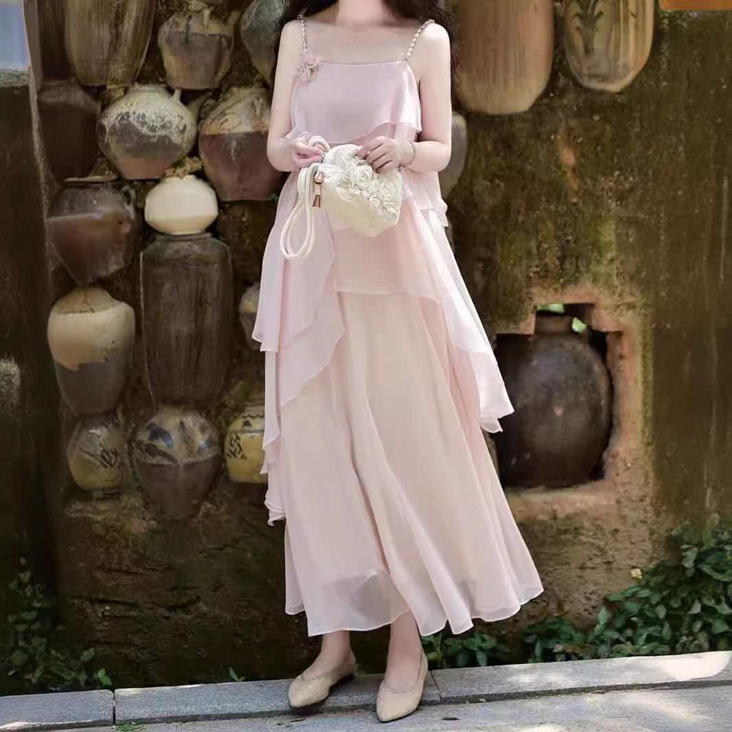 2025 Summer new Chinese retro romantic pink suspender fairy style design irregular top skirt two-piece set