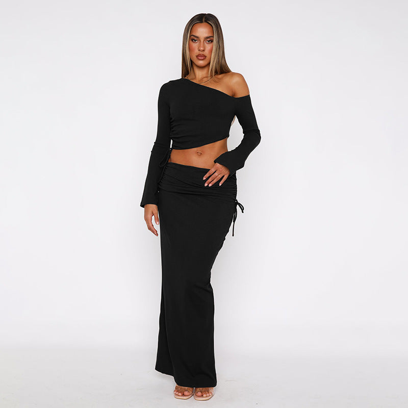 BENPAOLV 2025 Autumn and winter women's clothing New new temperament solid color single shoulder open button top slim skirt two-piece suit women