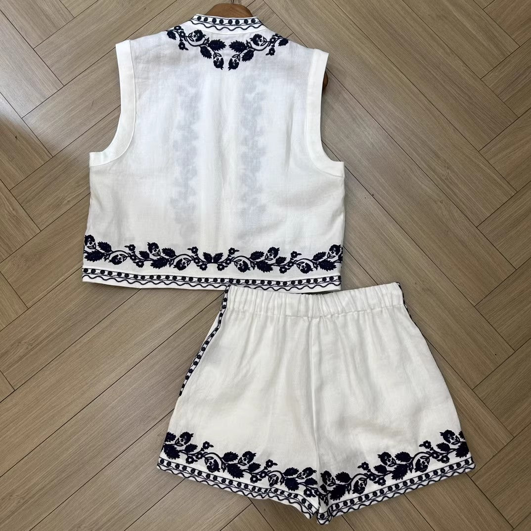 2025 popular summer new exquisite embroidered imitation linen vest elastic waist shorts set summer breath versatile casual