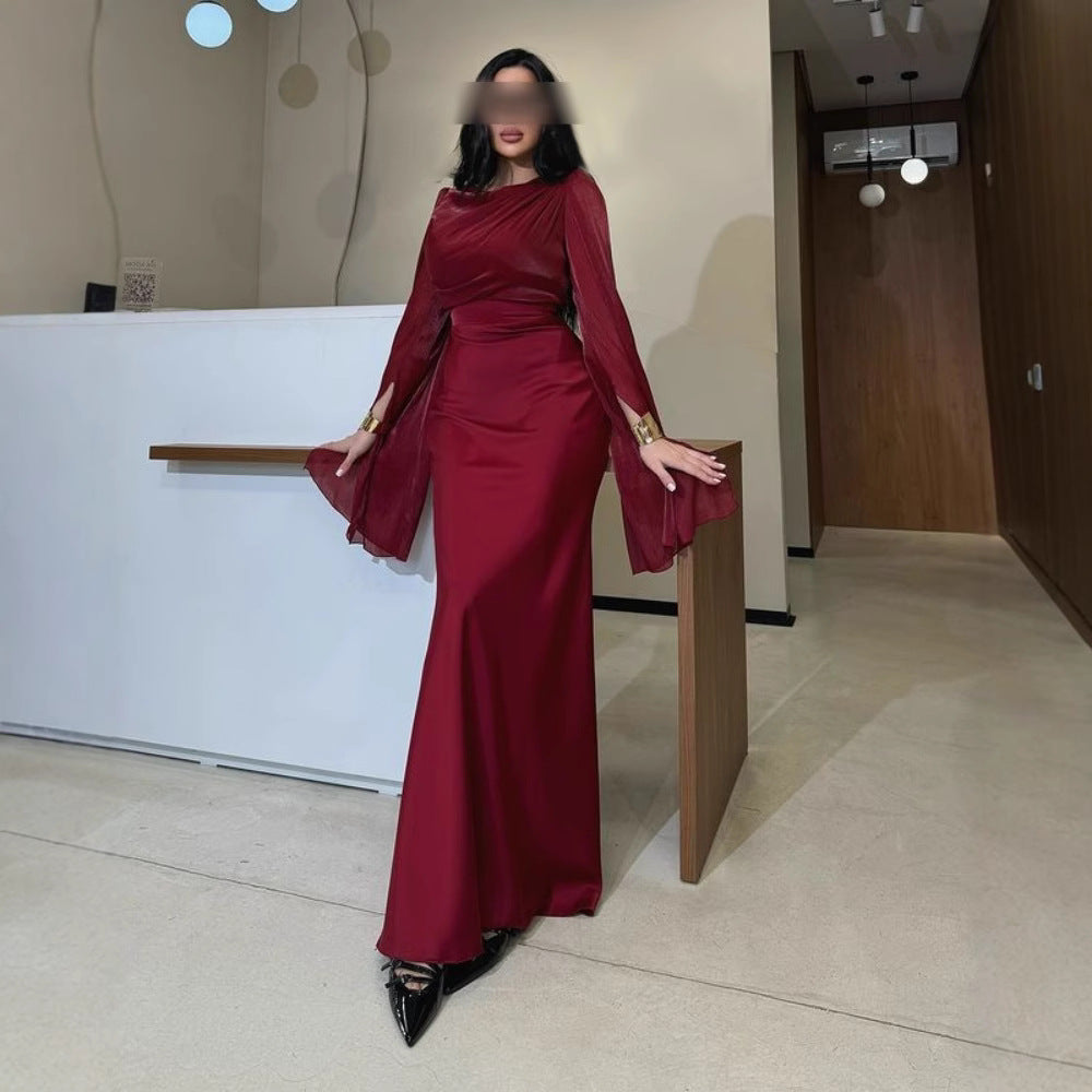 2025 popular autumn and winter New Popular trade women's clothing independent station ebay Middle East hip-wrapped satin bright yarn evening dress