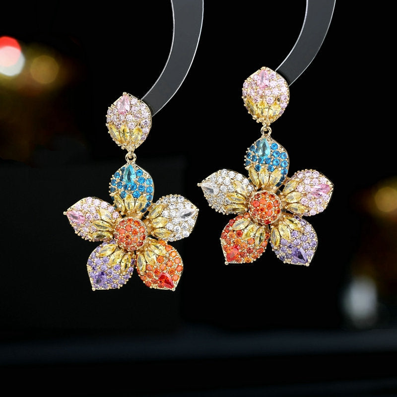 2025 S925 silver needle colored zircon heavy industry exaggerated earrings elegant temperament wedding banquet dress with flower earrings