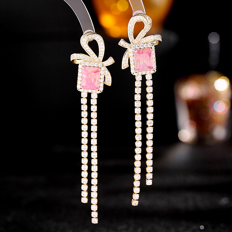 2025 Light luxury high-end earrings wholesale temperament thin earrings square super flash zircon bow long fringed earrings