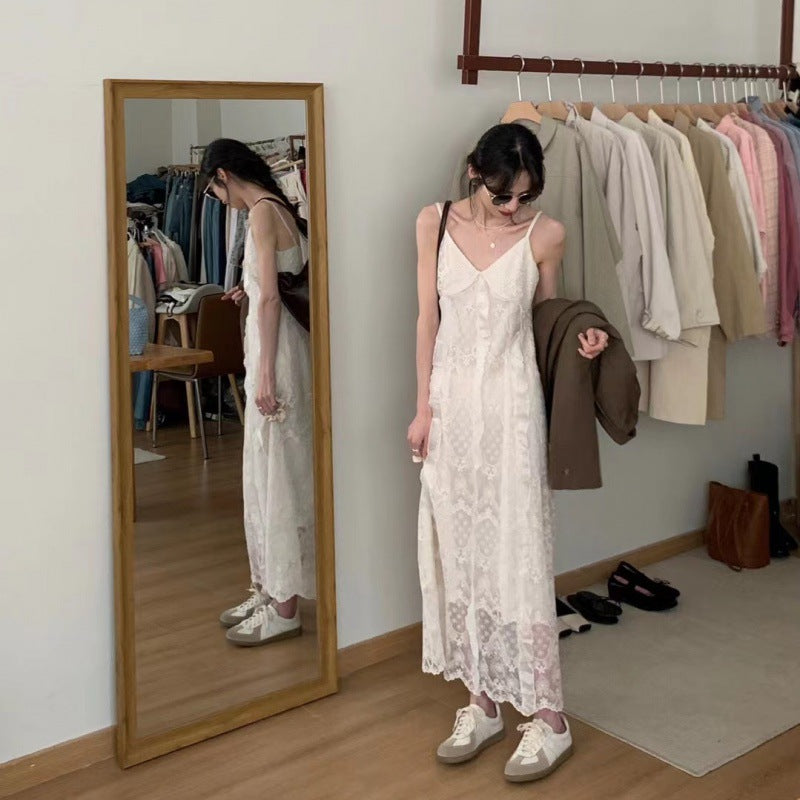 2025 spring dress ruffle lace suspender dress women's summer thin gentle temperament holiday dress with a set