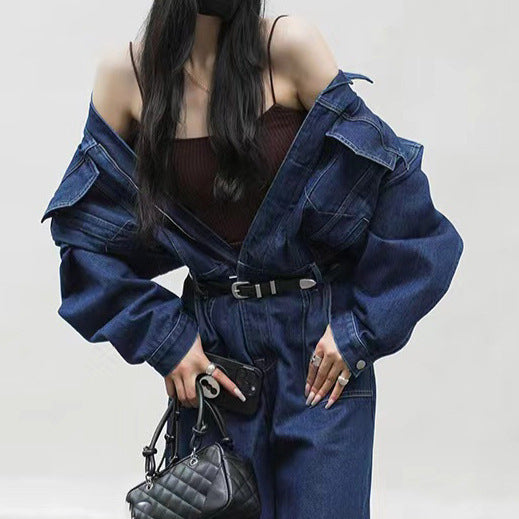 2025 Spot design sense fashionable one-piece denim high waist tooling jeans spring suit women's big pocket jumpsuit