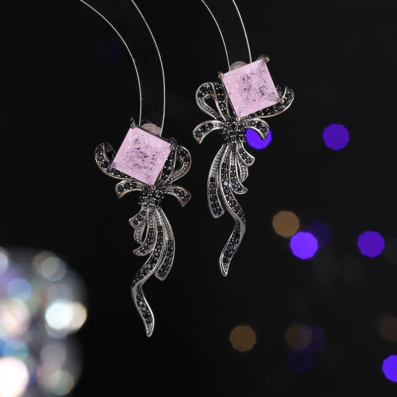2025 New 2025 New temperament bow earrings women's ice zirconium sugar cube sweet earrings light luxury S925 silver needle earrings