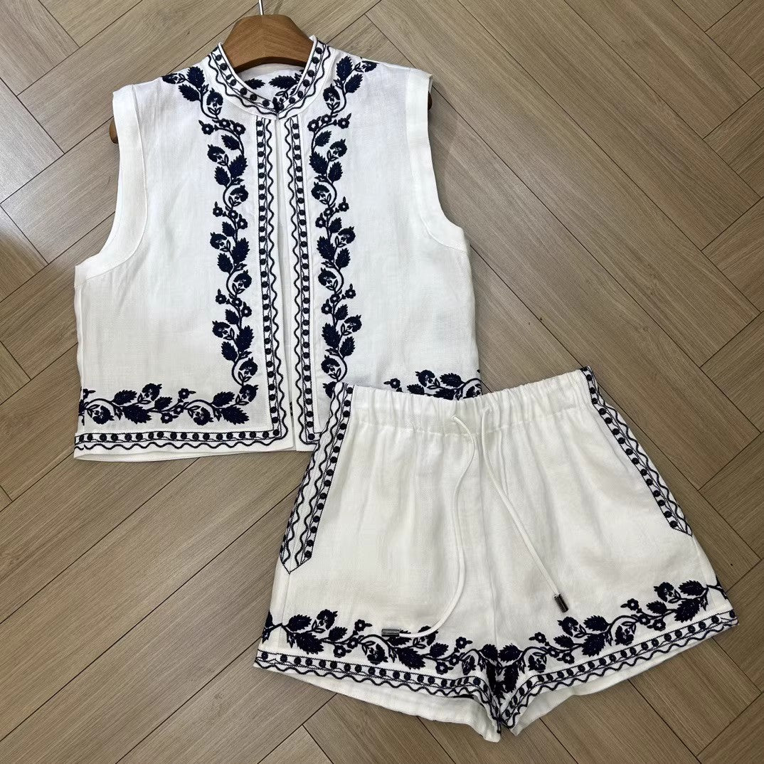 2025 popular summer new exquisite embroidered imitation linen vest elastic waist shorts set summer breath versatile casual