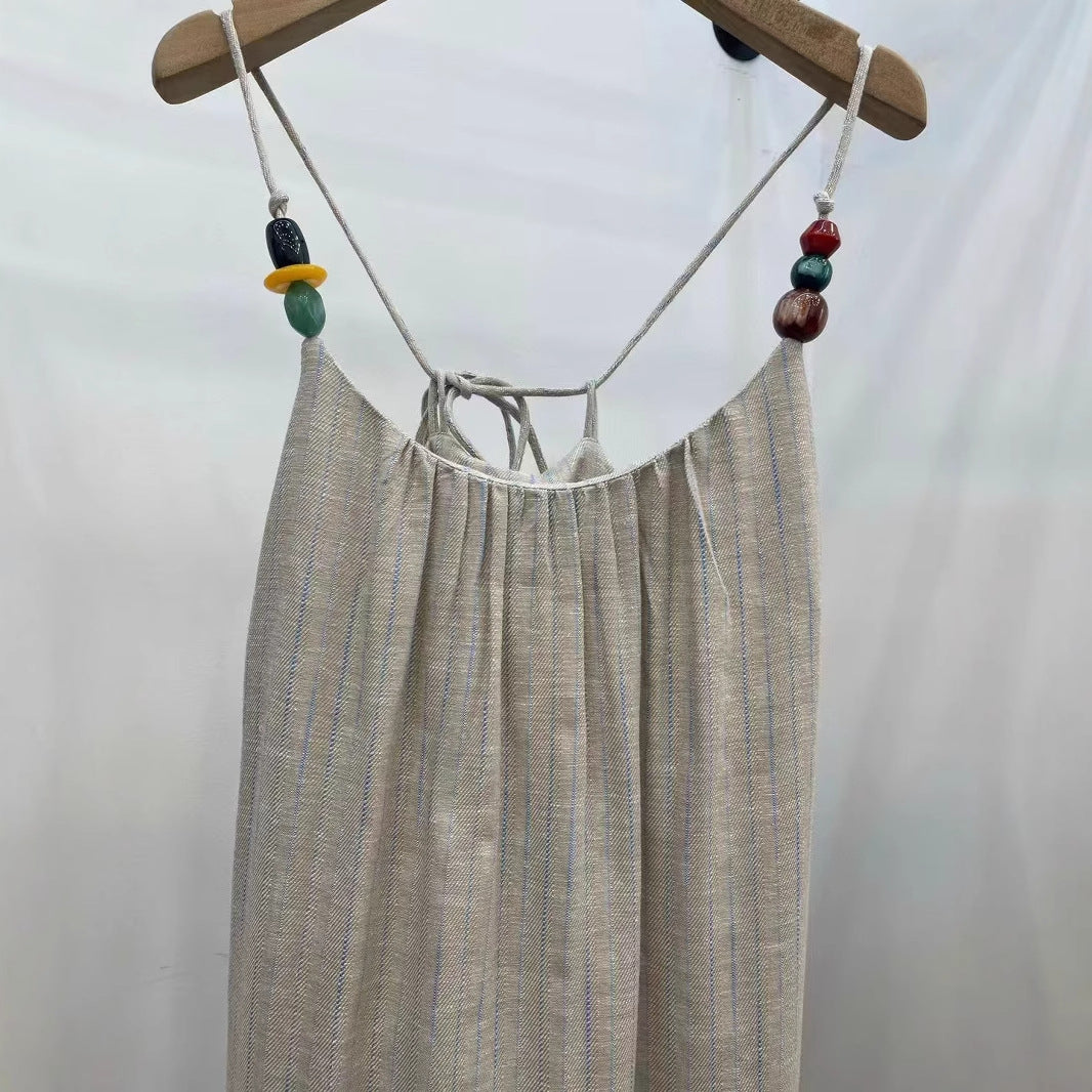 summer vacation style linen retro neck dress, high-end style elegant skirt