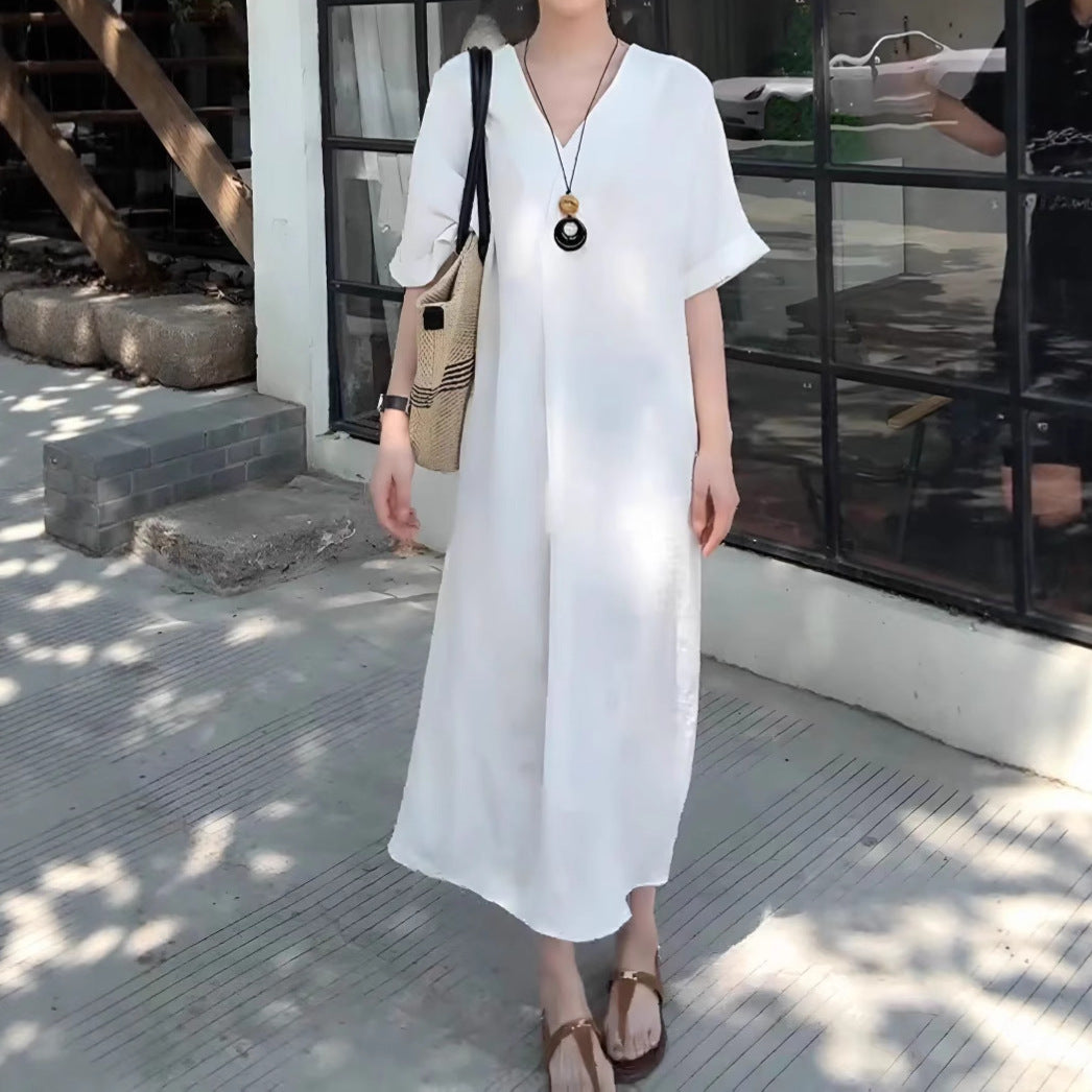 Linen midsummer dress long dress v-neck temperament dress children's spring simple style new Chinese style wear