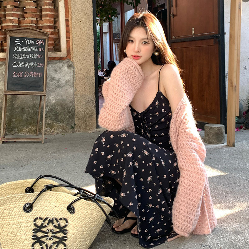 2025 Spring New Vintage High Waist Suspender Dress Sub-print Pure Desire Vacation Dress Women 88173