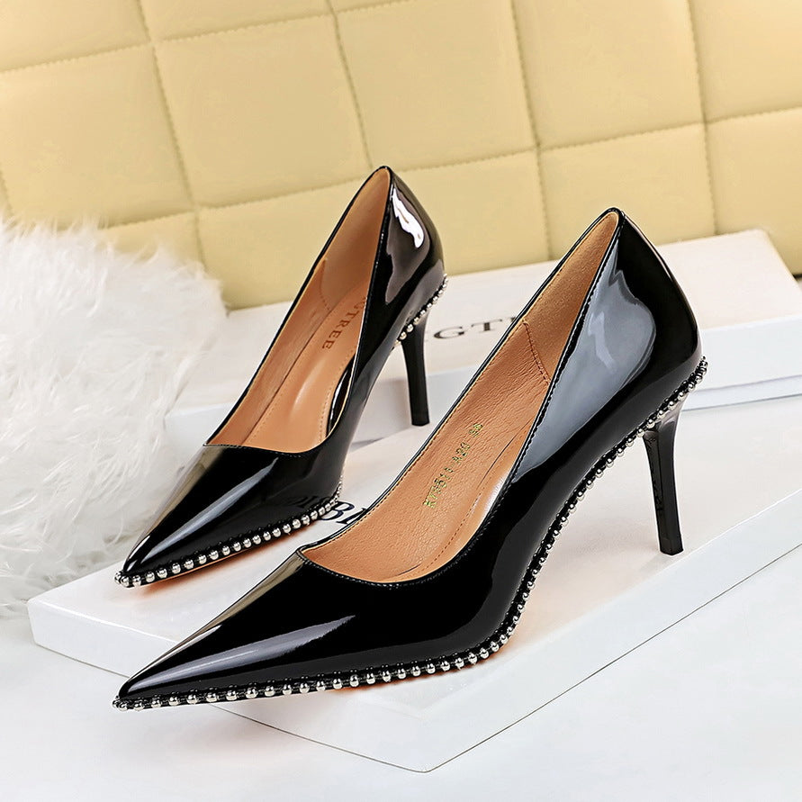 2025 9611-A2 fashion sexy women's shoes thin heel high heel patent leather light mouth pointed metal beads rivet single shoes