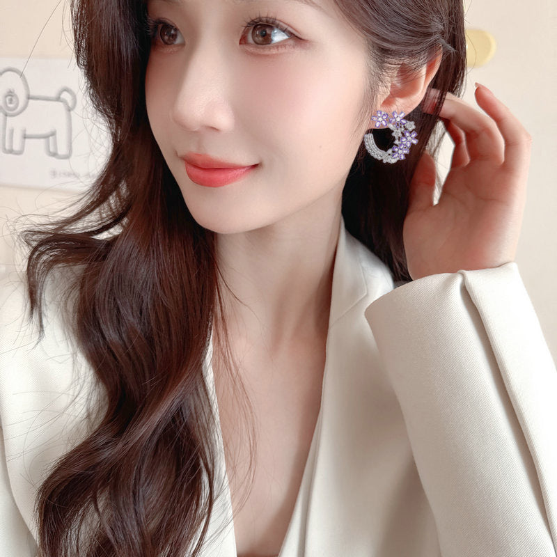 2025 Light luxury high-end zircon flower earrings niche design fresh temperament s925 silver needle elegant flower cluster earrings