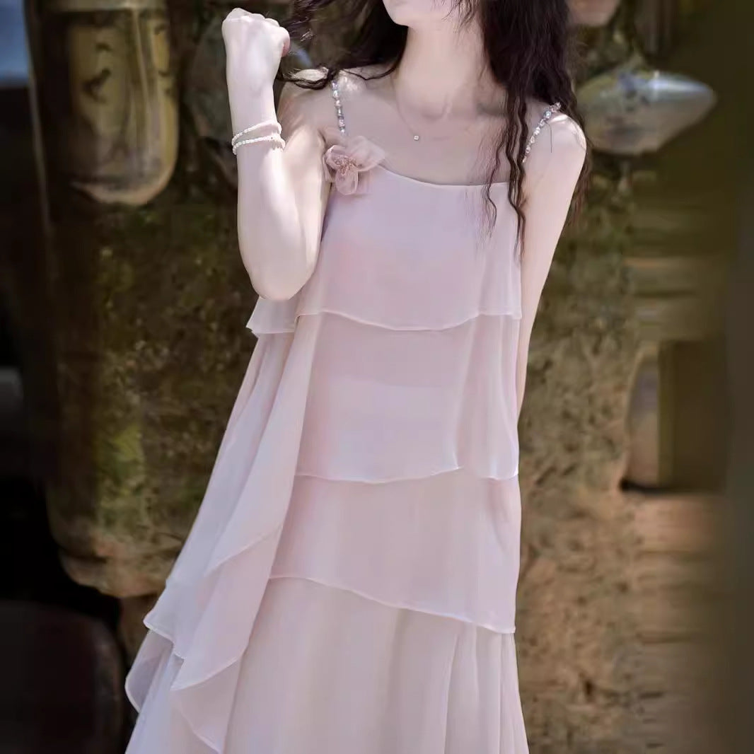 2025 Summer new Chinese retro romantic pink suspender fairy style design irregular top skirt two-piece set
