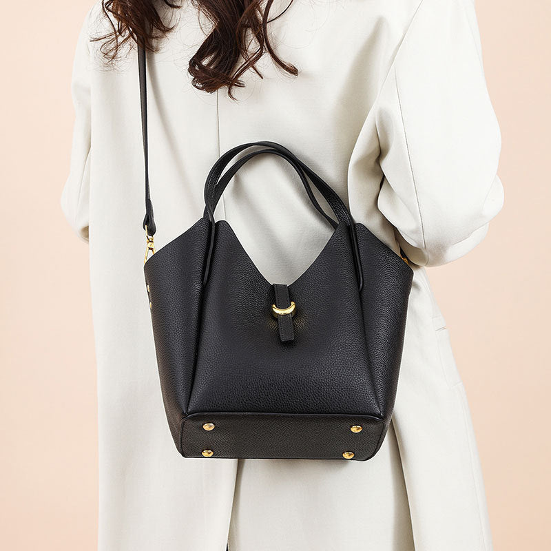 2025 Bucket bag New hot-selling women's bag high-end light luxury women's handbag lychee pattern leather commuter shoulder bag