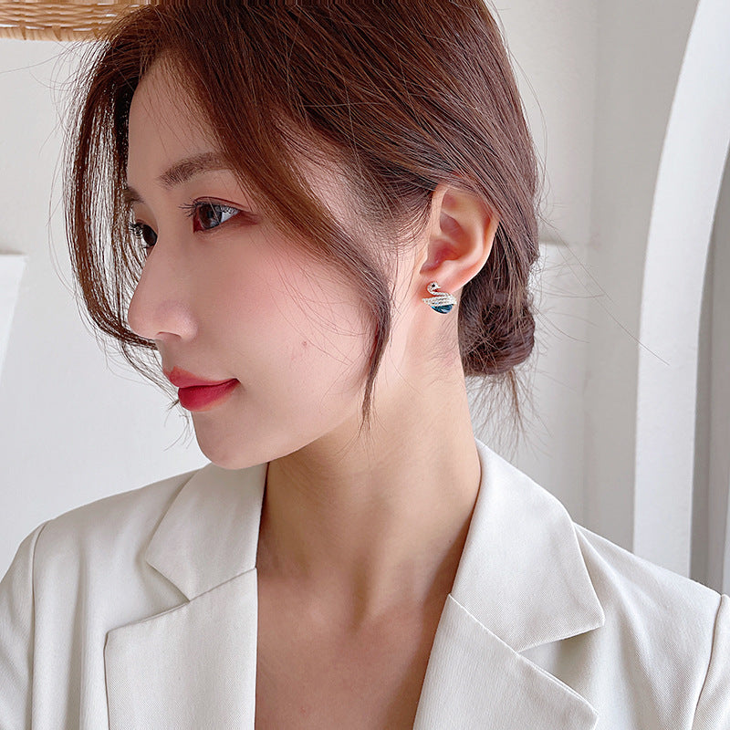 2025 Korean Internet celebrity temperament simple zircon blue crystal earrings S925 silver needle jewelry music note swan earrings