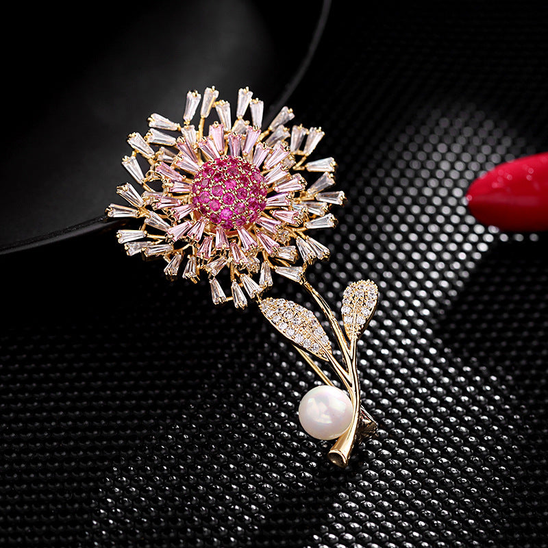 2025 High-end temperament clothing Women's tide corsage accessories Gold inlaid zircon pearl pin buckle decorative sunflower brooch